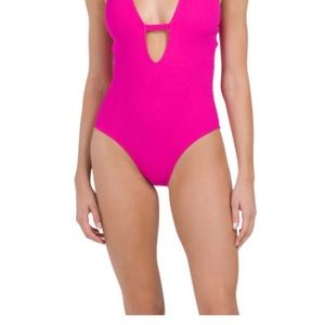 BECCA Cutout Plunge Neck One Piece Swimsuit NWT Sz Small Hot Pink